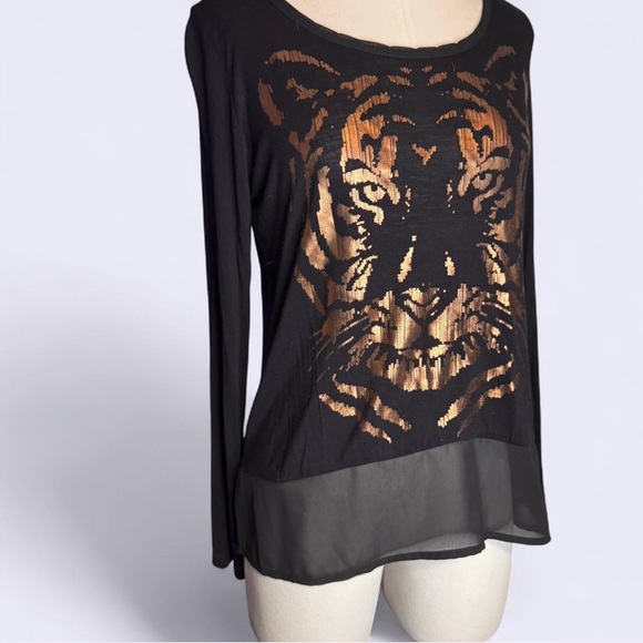 Fifth Sun Black and Gold Tiger Graphic Long Sleeve top size small sheer hemline - Picture 2 of 8